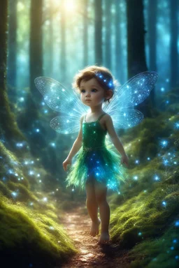 Beauty little Fairy, walk in sparkless light magic forest,sparkles, blue, brown, green, clear lines, detail, fine rendering, high resolution, 4K, photorealism, precise focus, double exposure, fantasy epic cute pixar 3d