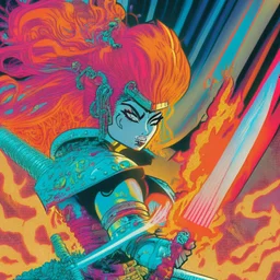 Inspirada en el estilo de arte de los cómics de la década de 1980, la imagen presenta a un samurai egirl con cabello multicolor y una armadura plateada y espada de luz futurista en primer plano. El arte exhibe líneas dinámicas y colores vibrantes, evocando una estética pulp de acción y aventura. El volcán rojo en erupción, con su lava ardiente, está representado con trazos audaces y contrastantes. El estilo de ilustración busca capturar la esencia de artistas icónicos como Frank Mille