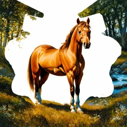 Artistic double exposure digital illustration featuring a Palomino horse with a forest scene inside its silhouette. The horse stands against a clean white background, with detailed trees, a river, and other forest elements visible within its form. no brush marks, realistic maximalist oil painting style, ultra quality