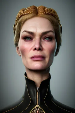 Cersei Lannister as evil queen in black leather, lena headay, leather, busty, cleavage, angry, rage, stern look. character design by cory loftis, fenghua zhong, ryohei hase, ismail inceoglu and ruan jia. unreal engine 5, artistic lighting, highly detailed, photorealistic, fantasy