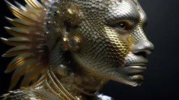 figure of a fish man with fish scale skin, art from Jasper Harvey's "art of control" collection, futuristic optics style, silver and gold, flower, bird, detailed facial features, swirling vortices, 8k 3d, bizarre cyborgs made of crystals, high detail, high resolution, 8K