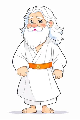 Disney style, white hair, white skin, white beard, coloring book, minimalism, simple lines, white background, STICKER, WHOLE BODY, A CUTE JESUS CHRIST, WAVY HAIR, BEARD, COVERING THE WHOLE BODY WHITE LONG TUNIC, LIGHT DOWN, HAPPY face , A detailed illustration, in the style of Studio Ghibli, 3D vector art, cute and quirky, fantasy art, Adobe Illustrator, hand-drawn, low-