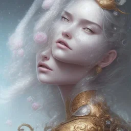 fantasy magic, intricate, sharp focus, illustration, highly detailed, digital painting, concept art, artgerm and paul lewin and kehinde wiley, masterpiece sexy lips Asian lady body flowers head silver bright rain lady outer space pretty, pink blue