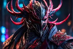 Carnage in 8k bloodborn artstyle, ronin costum, galaxy mask, cover face, dynamic pose, oshare kei, hurufiyya, rtx , neon lights, intricate details, highly detailed, high details, detailed portrait, masterpiece,ultra detailed, ultra quality