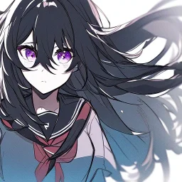 Clear focus, High resolution, rough line sketch art, long black hair, hair between eyes, fluffy hair, purple eyes, wearing a black and red sailor uniform, dark aura, 1girl