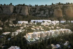 Day in algarve, aerial architectural view, modern luxury villas architecture building WITH STRAIGHT LINES AND CANNOPY in white render and wood stripe vertical elements with gold details, and a modern luxury hotel building with two floors and extending covered terraces cascading, pinus pinea overlooking the golf course, green roofs and pools, sloped land with pinus pinea, hyper realistic 8k ultra render