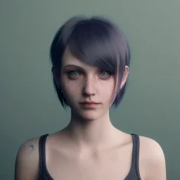 potrait emo girl, eyes like ocean blue, short hair, smile, 8k, rtx, eyebrows like serious, facing left, real