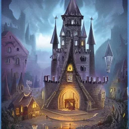 A magical dark gothic canal little town of wizards, witches and warlocks with a castle and huge caravan houses Nick Harris style