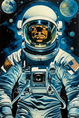 A movie oil coloured poster of an astronaut , looking up camera view for the whole body Anglo style