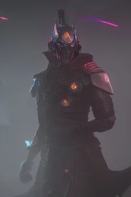 samurai robot in black and cloak in a cyberpunk environment