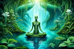 Ecological Art, plants, floating earths, long leaf tendrils, green colors and shades, blue-white waters, rivers, a full body beauty human-plants hermaphrodite mutant meditates in stunning alien flora , cinematic, mistic mood