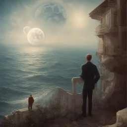 La lune en arrière plan. Un homme regarde la lune depuis un balcon. La mer. Il y a un tsunami.