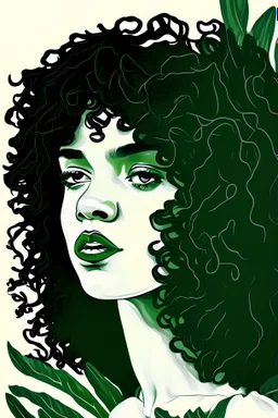 one line painting portrait of black curly hair white russian girl green leafy background