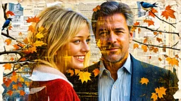 old worn paper, Double exposure, newspaper scraps, blonde woman and 40 year old man, love, drawing, old background, embossing, layering, 3 D, Double exposure, city in hair, branches, , buildings, drawing, autumn, ART portrait, fine rendering, hyperdetail, hyperfocus, hypersharpness, bright colors, Double exposure, one bird, wind