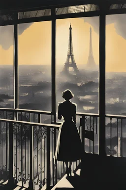 Movie poster. Set in the 1950. A woman overlooking Paris from here balcony, light rays coming to then fading to darkness. A man watching from behind her Text Just leave