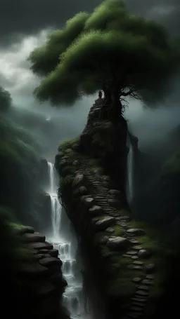 Trees on the sides of narrow stone path above the ground gradually getting higher into the clouds no railings, dangerous drop people in black leathers medievil period weather is wet spiraling into the clouds fantasy, a waterfall in the background