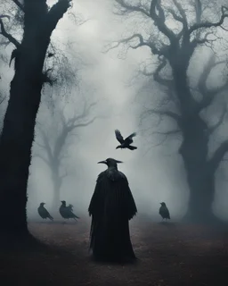 potrait horror vintage realistic cinematic horror mystical dark gothic crow humanoid,so many black birds crow flying and old high oak trees look like a live walk in in darkness heavy fog smoke horrible horror art visual