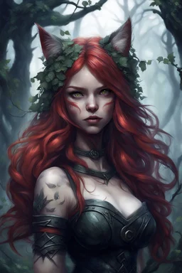 CAT GIRL, FANTASY, FORESTY, VINES, SOULLESS, FLUFFY TAIL, VIKING RED HAIR, METAL