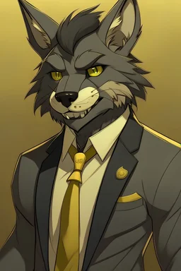 Buff anthro wolf himbo with black fur and gold eyes wearing a suit