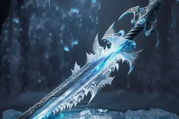 One fantasy greatsword that is slender, translucent blade made of ice. The hilt is made up of swirling vines, leading to a vibrant crystal at the pommel. With a black background behind it. HD