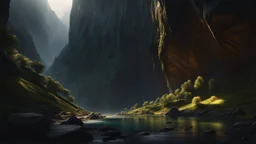 The Valley of the shadow of death. a glowing rift in the cliffs. dark fantasy concept art, exquisite realism, a masterpiece, dynamic lighting, hyperdetailed, intricately detailed, deep color, Unreal Engine, volumetric lighting , Epic cinematic brilliant stunning intricate meticulously detailed dramatic atmospheric maximal,