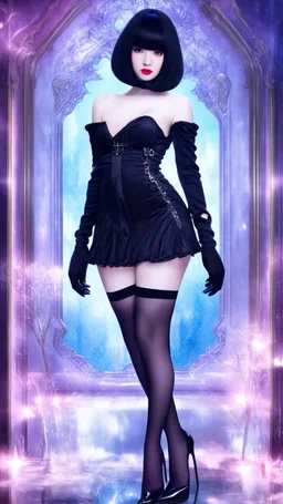 Full-body shot, of slender, pale emo woman, standing braced, straight, dark bob hair with bangs, fair skin, red lips, and stockings and stilettos, fantasy background
