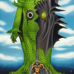 Mashup between an monstreous kaiju with tree eyes and batman painted in the style of the painter Dali