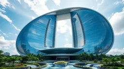 A futuristic skyscraper designed with sweeping parabolic curves, where the entire façade is made of reflective glass. The building rises gracefully toward the sky, with its symmetrical parabolic arc creating a sense of balance and elegance. Surrounding the structure are lush gardens and flowing water features that mirror the curves of the building. Photograph.