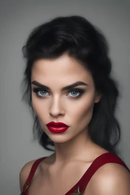 an extremely ugly abomination of a girl with great big pouty lips:1.5 and a humongous nose:1.5, wide set slanted soft blue eyes, extremely pointed chin, black hair, Wonder Woman, medium long shot, wide angle shot, full body image, head to toe, red lipstick