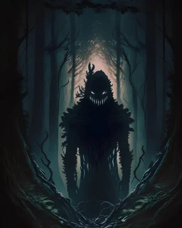 A mysterious, shadowy figure emerging from the depths of a dark forest, with an enigmatic smile and a sense of hidden power.
