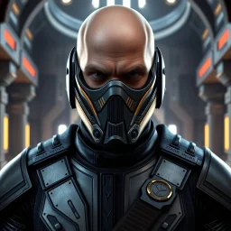 star wars bald male corellian jedi wearing gunmetal grey and black old republic armored flightsuit and breath mask with gold and metallic red trim inside the jedi temple, centered head and shoulders portrait, hyperdetailed, dynamic lighting, hyperdetailed background, 8k resolution, volumetric lighting, light skin, fully symmetric details