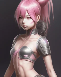 Detailed cute anime Kunoichi girl, pink hair buns, pink bangs, black latex bodysuit, intricate details, full body portrait, keep head in frame, slight smile, black Japanese motif, concept art, highly detailed, digital painting, concept art, sharp focus, illustration, art by Yoji Shinkawa, WLOP and greg rutkowski and alphonse mucha and artgerm and yanjun Chen and Junji ito and Makoto Shinkai, HDR, octane render