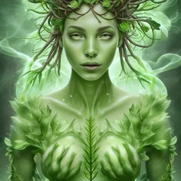 mystical powerful greenish botanical woman