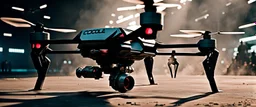 Cocola Brand Military Drones, cinematic, Fuji Film, Anamorphic lens, 2040s, deep depth of field, in a Cyber punk WW3 film