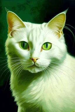 Portrait of a white cat with green eyes that has a bit of black hair on top of head by Van Gogh