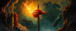 goa trance poster, So the people came to Moses and said, “We have sinned, because we have spoken against the Lord and against you; intercede with the Lord, that He will remove the serpents from us.” And Moses interceded for the people. 8 Then the Lord said to Moses, “[a]Make a fiery snail , and put it on a cross flag pole; and it shall come about, that everyone who is bitten, and looks at it, will be healed by rays.” painted by Escher and Rembrandt