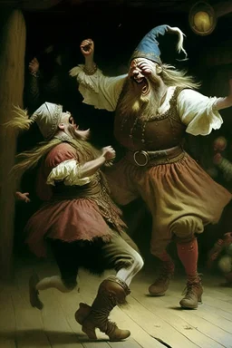 A Norwegian viking dancing a jig with Rumplestiltskin while God laughs