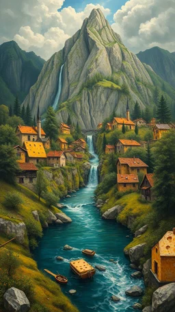 Bosch painting style nightmare, a river in a village all houses with cheese texture with a mountain of cheese and waterfall in it