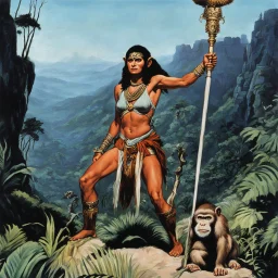 [Jason and the Argonauts (1963)] Legendary Monkey Queen with her staff on the jungle hills feet, and monkey tail, multiple arms shiva