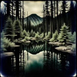 Sublime foto close-up polaroid ad alta definizione di una foresta di conifere falsa, strani mostri, un lago falso, surreale, collage art, dadaism, sublime, splimapys nero, cielo nero, acqua nera riflette un sole nero, macabre piante circondano il lago, alghe, hypermaximalist, Max Ernst style, strangeness, intricate, hypnotic, obsessive, 8k, deep 3d field, very accentuated details of the rocks, eerie, artistic photo, large format film, medium format film