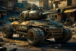 A scorpion-like, dobotic, battle-ready, worn-out tank car with large rims and tires, fully mechanical, on a street in post-apocalyptic cities.