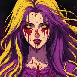 retro anime style,yellow and purple,Gore,Bloody,Gory,Disturbing,Depraved,Brutal,ghoul lady with long hair,Violent,Mind Unsettling,Disgusting,Vomit,Intestines everywhere,dismember,cannibalism,cannibalistic,mutilation,guts,meathooks,creepy