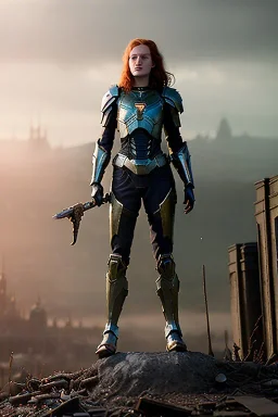 ultrarealistic, concept art, panoramic, ruined city,__intricate fantasy armor__, no star, __angles__, 18 year old woman, strikingly beautiful,ginger hair, _colour_, (pale __skincolor__ skin:1.2), __camera__, long hair, detailed face and eyes, medium breasts, sci-fi theme, freckles, dynamic pose, resolved expression, __accessory__, strappy outfit, (straps:1.1), sword in scabbard on left hip, (buckles, buttons, snaps, rings:1.0), haltertop style breastplate, detailed eyes, plump lips