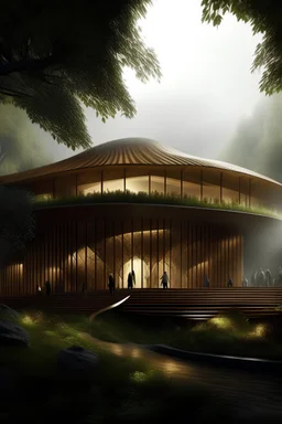 futuristic Iranian theatre, vernacular architecture, with no ground floor, void in the middle, in jungle of Alborz mountain ranges, wooden structure, sloped roof, wealth of flora, with dancing performance, fog and rain, light ray