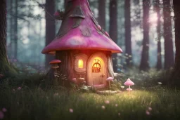 a cute fairy house pink and blue in the forest, spring time, mushrooms, 8k, flickering light, centered, high-quality, fine-detail, digital art, detailed matte, volumetric lighting, illustration, 3D octane render