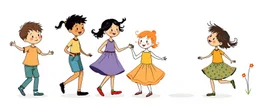 whimsical illustration of children playing and dancing. children's book style, on a white background
