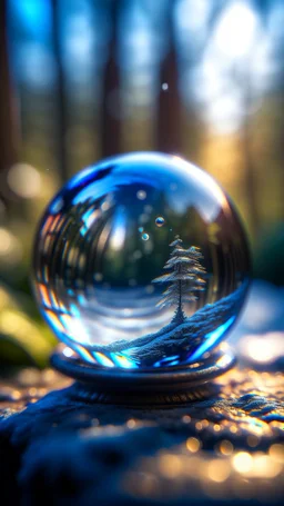 sled inside a Crystal ball floating down a stream, shot on Hasselblad h6d-400c, zeiss prime lens, bokeh like f/0.8, tilt-shift lens 8k, high detail, smooth render, down-light, unreal engine, prize winning