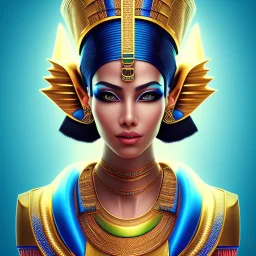 3D close-up of a beautiful Egyptian pharaonic queen girl, sarcastic smile, high contrast, glowing backlighting, blue and red backlighting, vibrant hair, dark brown eyes, sharp focus, high makeup, face painting, background blur.