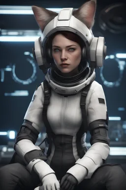 Scientist in Expedition suit, eve online style, no helmet, eyepiece, watching a data pad, has kitty ears, female