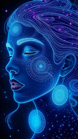 A celestial woman face void glowing with inner light from the depths of profound liquid neon. Her face skin doodle geometrical kusama and form are fragmented and transformed into a mesmerizing array of spiral formations: * Perfect **Fibonacci spirals** crafted from strands of pearlescent light form her nose bridge and eyebrows. * Tight **Archimedean spirals** unravel into the flowing rivers of her hair. * **Double Helix spirals** appear as her earrings and the patterns on her neck, symbolizi
